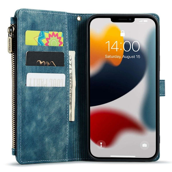 CASEME Konstläder Plånboksfodral för iPhone 13 Pro Max med Rem - Blå