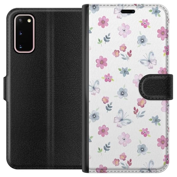 Lompakkokotelo Samsung Galaxy S20:lle, kukkia ja perhosia