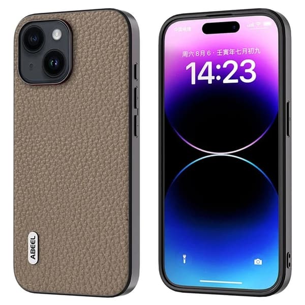 ABEEL Mobilskal till iPhone 15 Plus Äkta Läder Litchi - Khaki Brun