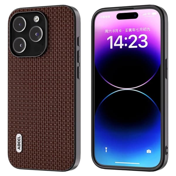 ABEEL Mobilskal till iPhone 14 Pro Max Äkta Läder Coated PC+TPU Brun