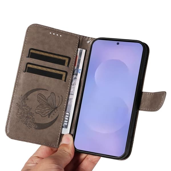 Samsung Galaxy S26 Plus Skal Fjärilsdesign PU Läder Flip - Grå