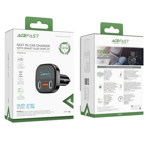 Acefast Power Billaddare 101W USB Till  2x Typ-C - Svart Svart