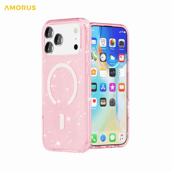 AMORUS Mobilskal till iPhone 17 Pro Max Magsafe Glitter Powder PC + TPU - Rosa Rosa