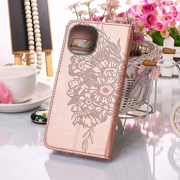 iPhone 14 Plånboksfodral Butterfly Flower Imprinted - Rosa Guld