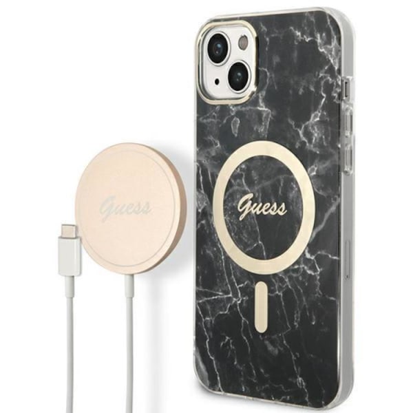 GUESS iPhone 14 Plus Magsafe Shell Marble + Trådløs oplader - Sva