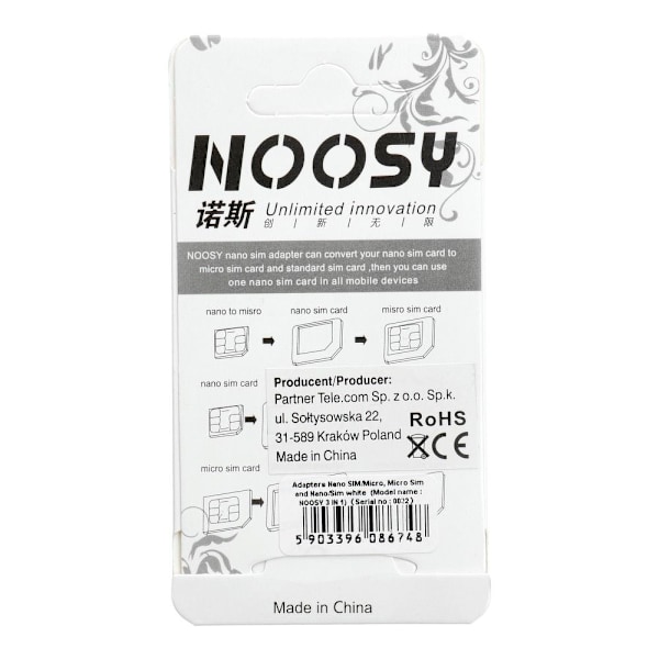Adaptrar för Nano SIM/Micro, Micro Sim och Nano/Sim i vitt.