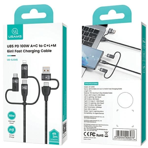 USAMS U85 Kabel 6-i-1 USB-C/USB/MicroUSB/Lightning 100W 2m - Lila