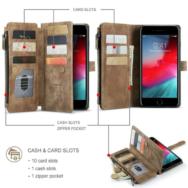 CASEME Konstläder Plånboksfodral för iPhone 6/7/8 Plus med rem - Brun