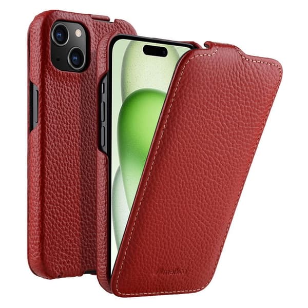 MELKCO Mobilskal till iPhone 15 Anti-drop Vertikal Flip Äkta Läder + PC Röd