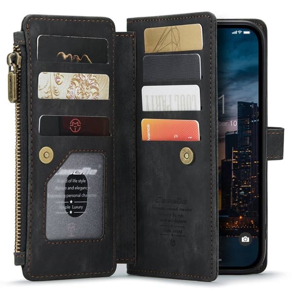 CASEME Konstläder Plånboksfodral för iPhone 14 Pro Max med Rem - Svart