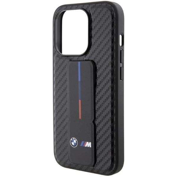 BMW iPhone 15 Pro -puhelinkuori Grip Stand Smooth & Carbon - Musta Black
