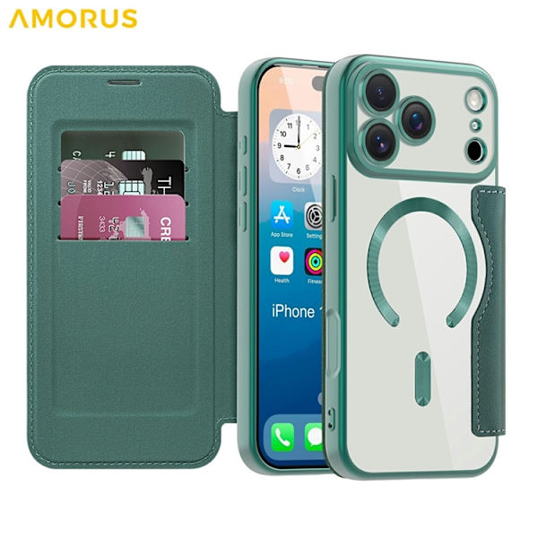 AMORUS iPhone 17 Pro Plånboksfodral MagSafe RFID-Skydd - Grön Grön