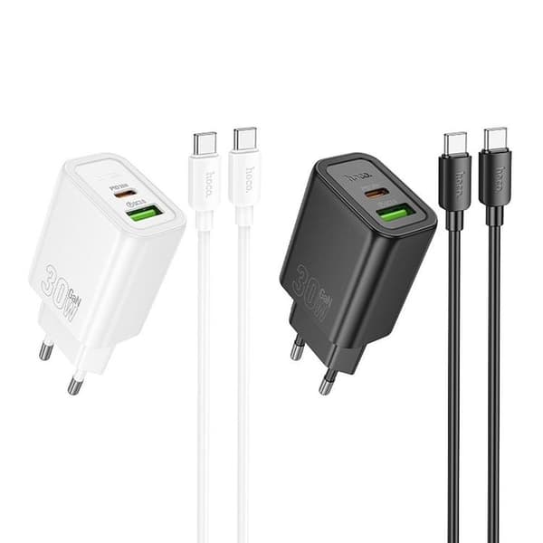 Hoco Hurtigoplader 30W 1xUSB-A 1xUSB-C med USB-C Kabel N63 - Sort Svart