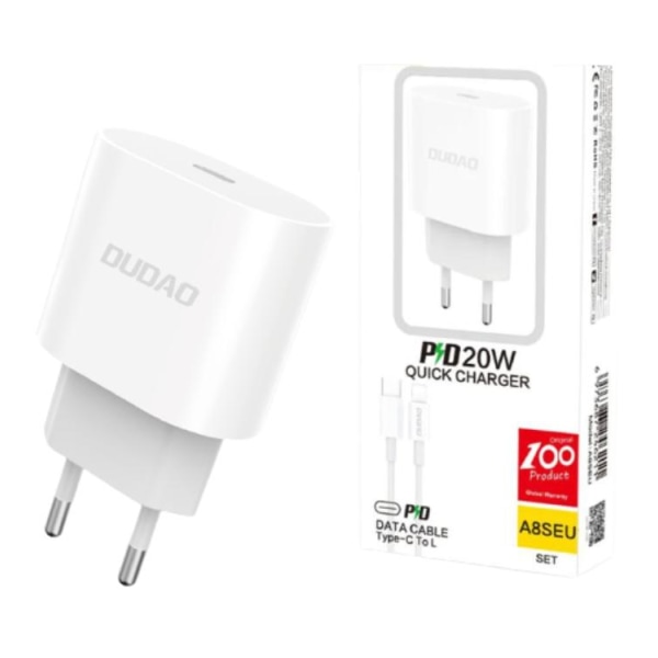 Dudao Fixed Wall Charger PD 20W + Type-C/Lightning Kabel 2M - Hvid