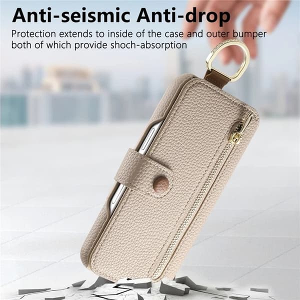 iPhone 17 Pro Konstläder Plånboksfodral RFID-Skydd Zipper - Beige Beige