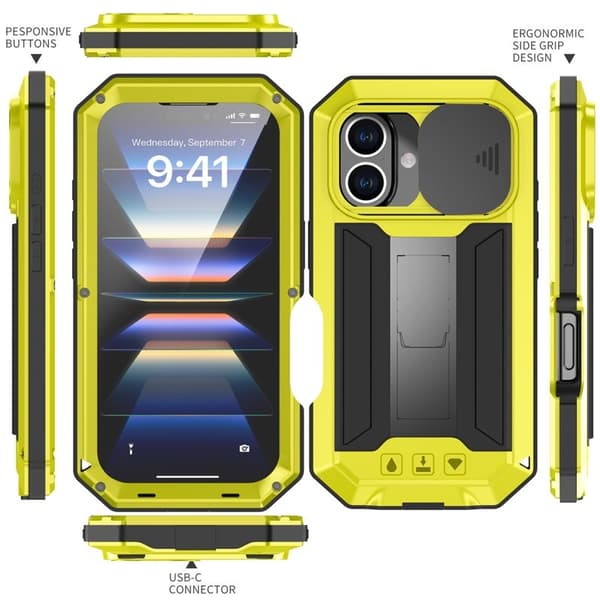R-JUST Mobilskal till iPhone 16 Plus Kickstand Silikon+Metal+PC Gult