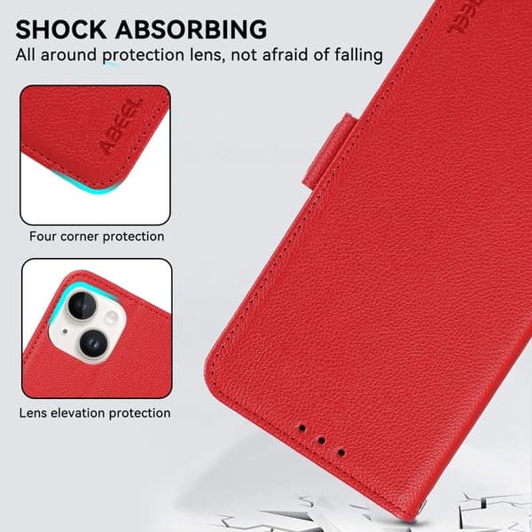 ABEEL iPhone 15 Magnetiskt Plånboksfodral Konstläder Litchi RFID-Skydd Röd