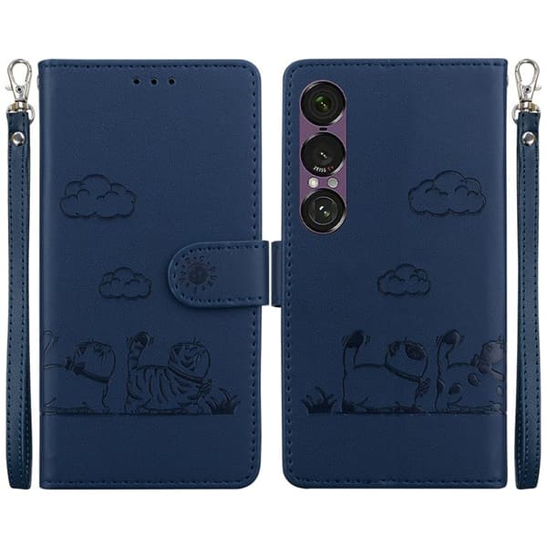 Sony Xperia 1 VII Konstläder Plånboksfodral RFID-Skydd Kattmotiv - Blå Blå