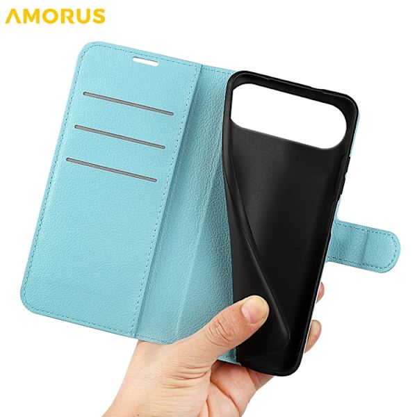 AMORUS iPhone Air Konstläder Plånboksfodral Flipstativ Litchi - Blå Blå