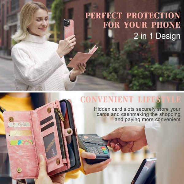 CASEME 008 iPhone 14 Plus Plånboksfodral Konstläder Rosa Med Rem
