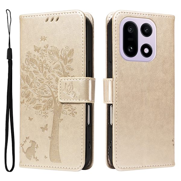 OnePlus 15 5G Plånboksfodral Cat Tree Pattern Konstläder Guld