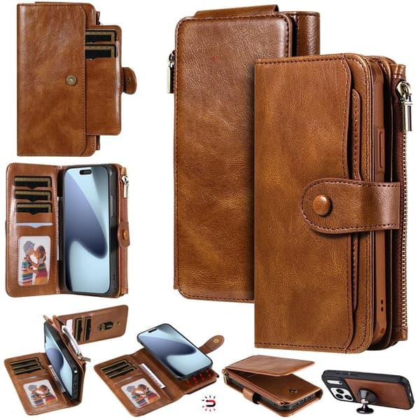 iPhone 17 Pro Konstläder Plånboksfodral Detachable Zipper - Brun Brun