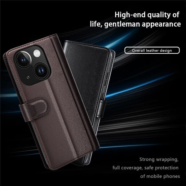 iPhone 15 Plus Plånboksfodral Äkta Läder Anti-Dust - Brun Brun