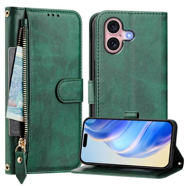 iPhone 16 Plus Plånboksfodral Zipper Pocket Konstläder - Grön Grön