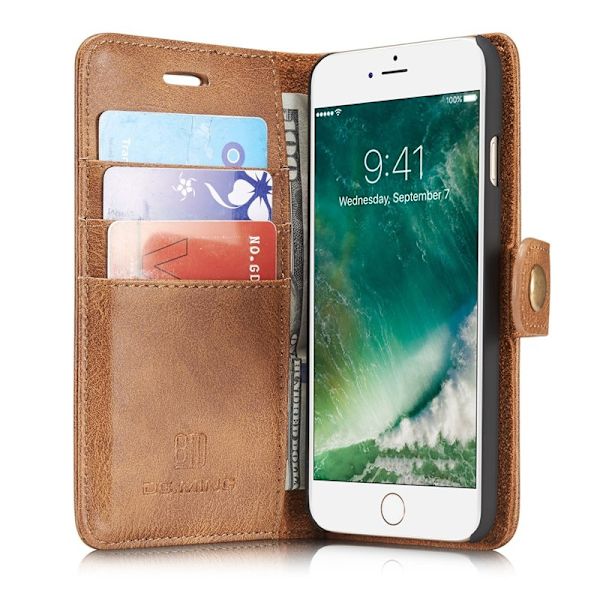 DG.MING Äkta läder Plånboksfodral iPhone SE/8/7 - Brun