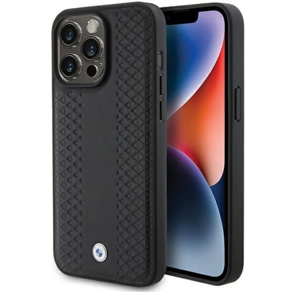 BMW iPhone 15 Pro Max Mobilskal Læder Diamond Pattern - Sort Black
