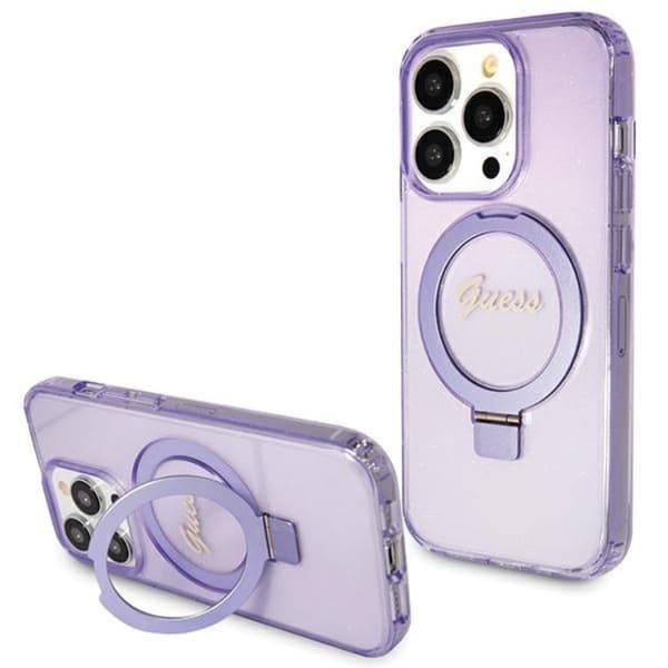 Guess iPhone 15 Pro Max -puhelinkotelo Magsafe Script Glitter Lila