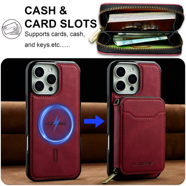 LC.IMEEKE L6 iPhone 16 Pro Plånboksfodral Konstläder - Röd