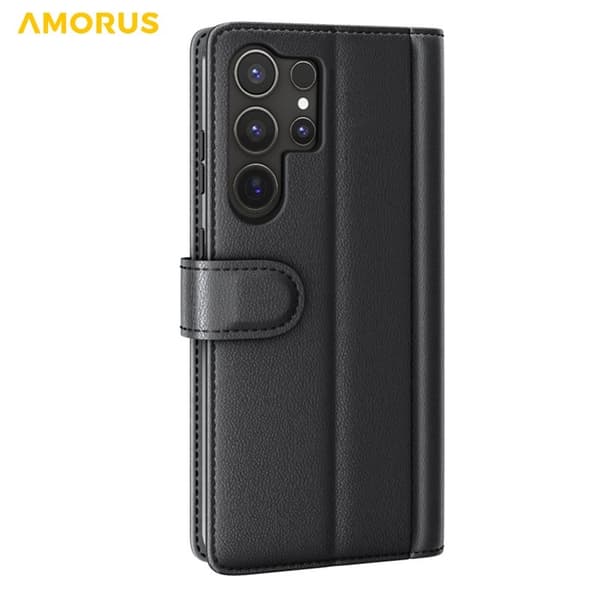 AMORUS Samsung Galaxy S26 Ultra Plånboksfodral Äkta Läder - Svart