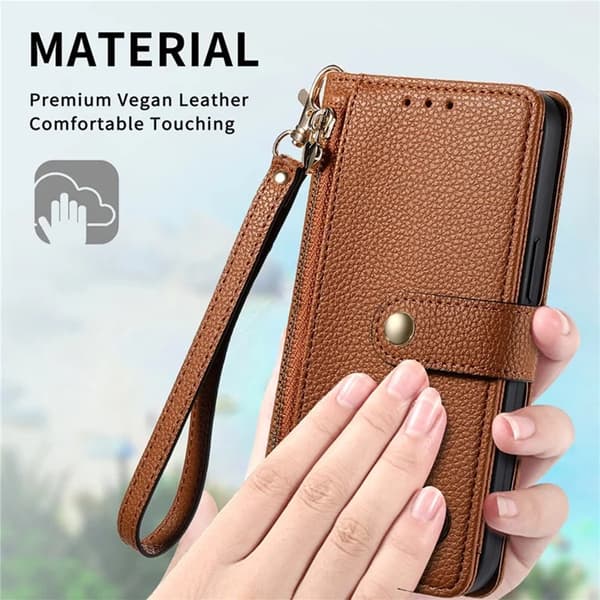iPhone 17 Pro Max Konstläder Plånboksfodral RFID-Skydd Zipper med rem - Brun Brun