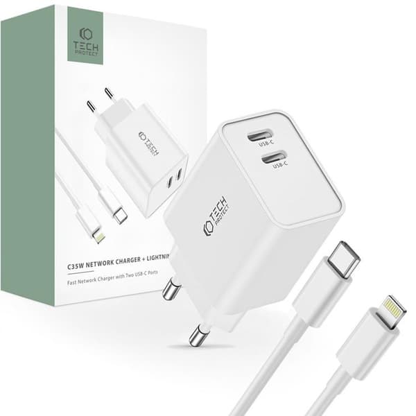 Tech-Protect 2-Port Netværk Oplader Med Lightning Kabel - Hvid