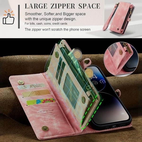 CASEME iPhone 14 Pro Plånboksfodral Äkta Läder Detachable - Rosa