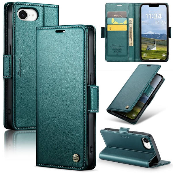 CASEME Plånboksfodral Konstläder för iPhone 16e RFID-Skydd Grön
