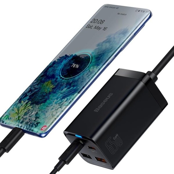 Baseus seinälaturi 2x USB-C/2x USB-A GaN3 100W - Musta