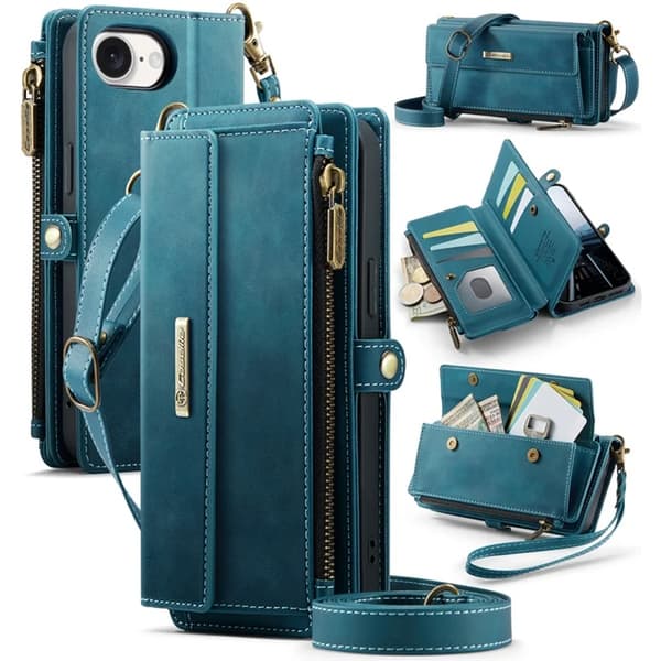 Caseme iPhone 16e Konstläder Plånboksfodral RFID-Skydd Zipper - Grön Grön
