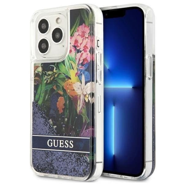 Guess iPhone 13 Pro Skal Flower Liquid Glitter - Sininen Blå