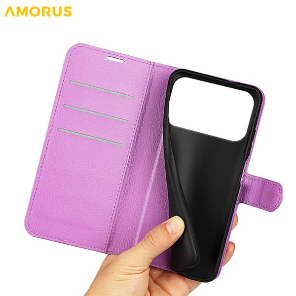 AMORUS iPhone 17 Pro Konstläder Plånboksfodral Flipstativ Litchi - Lila Lila