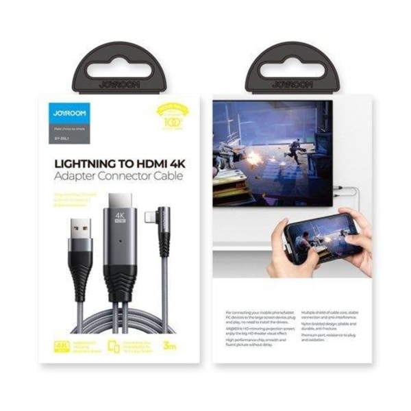 Joyroom Lightning HDMI 4K -kaapelille 3 m - peilausharmaa Grey