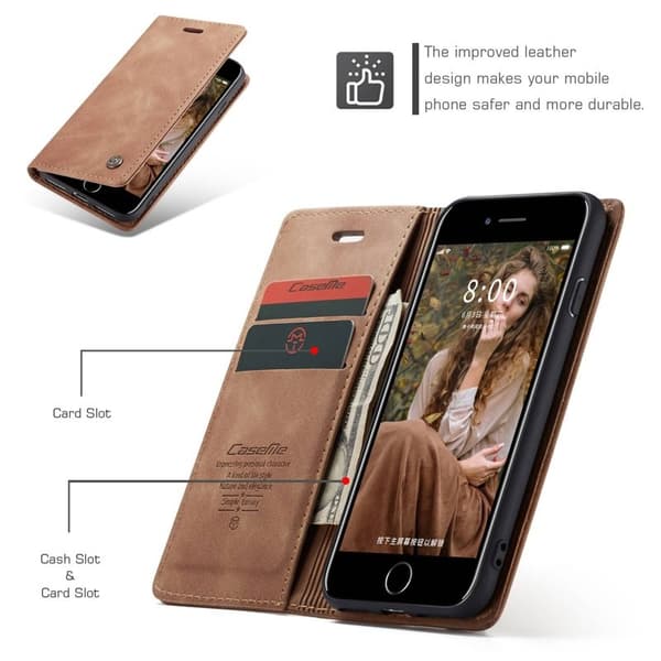 CASEME 013 Series KonstLäder Mobilskal med Ställ för iPhone 8/7/SE Khaki