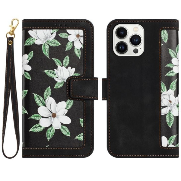 iPhone 15 Pro Plånboksfodral Flower Pattern - Svart