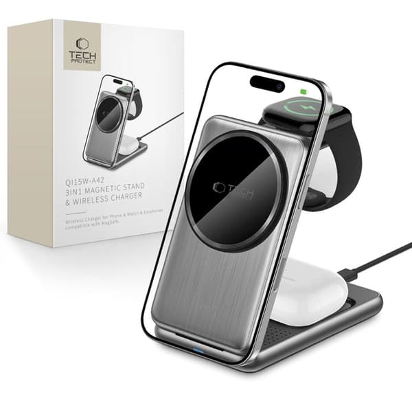 [3in1] Tech-Portect Trådløs Oplader Magsafe iPhone Apple Watch AirPods - Grå Grå