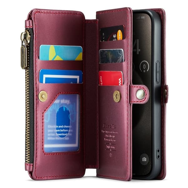 CASEME Plånboksfodral Konstläder till iPhone 15 Pro - Vinröd