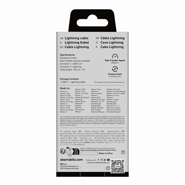 SBS USB-C - Lightning Kabel 1m MFi Certified - Vit Vit