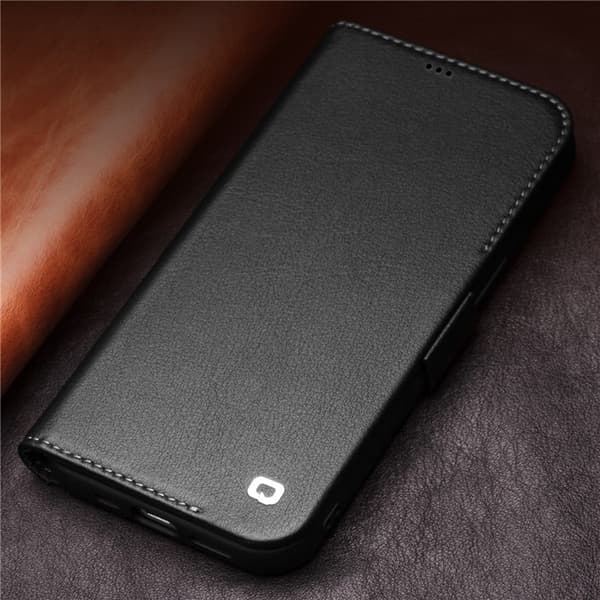 QIALINO iPhone 12 mini Plånboksfodral Äkta Läder Magnetisk Svart