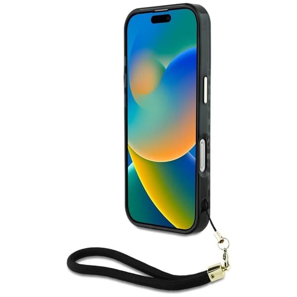 Guess Mobilskal till iPhone 16 MagSafe IML Leopard Triangle Cord Strap - Svart Black