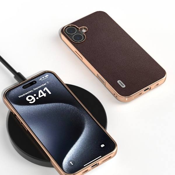 ABEEL Mobilskal till iPhone 16 Plus Electroplating Äkta Läder Brun